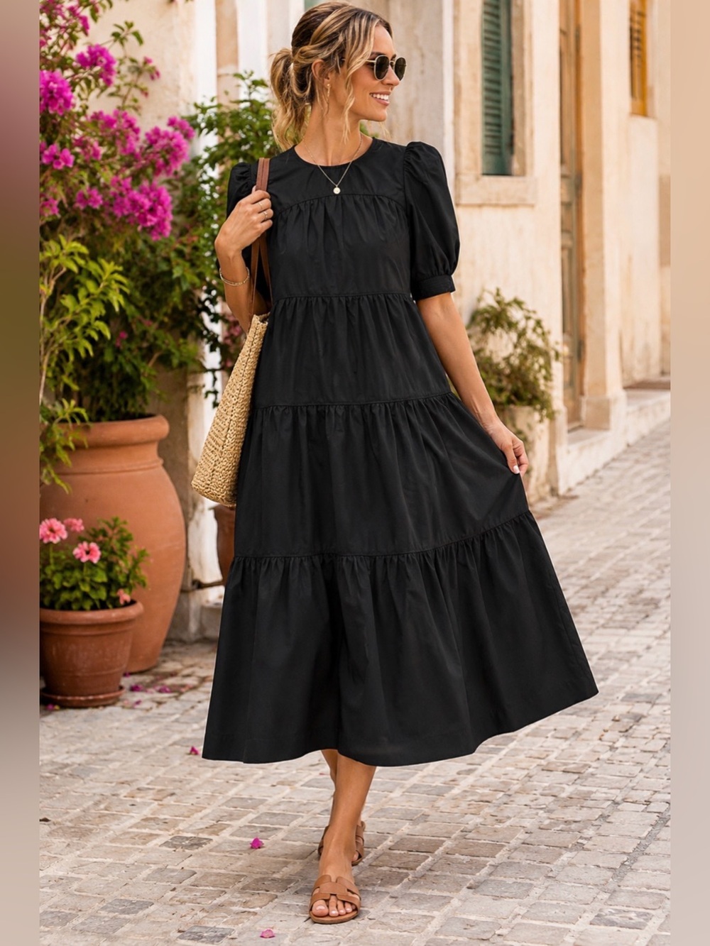 Anthropologie En Saison Black Poplin Puff-Sleeve Tiered Midi Dress Size Medium